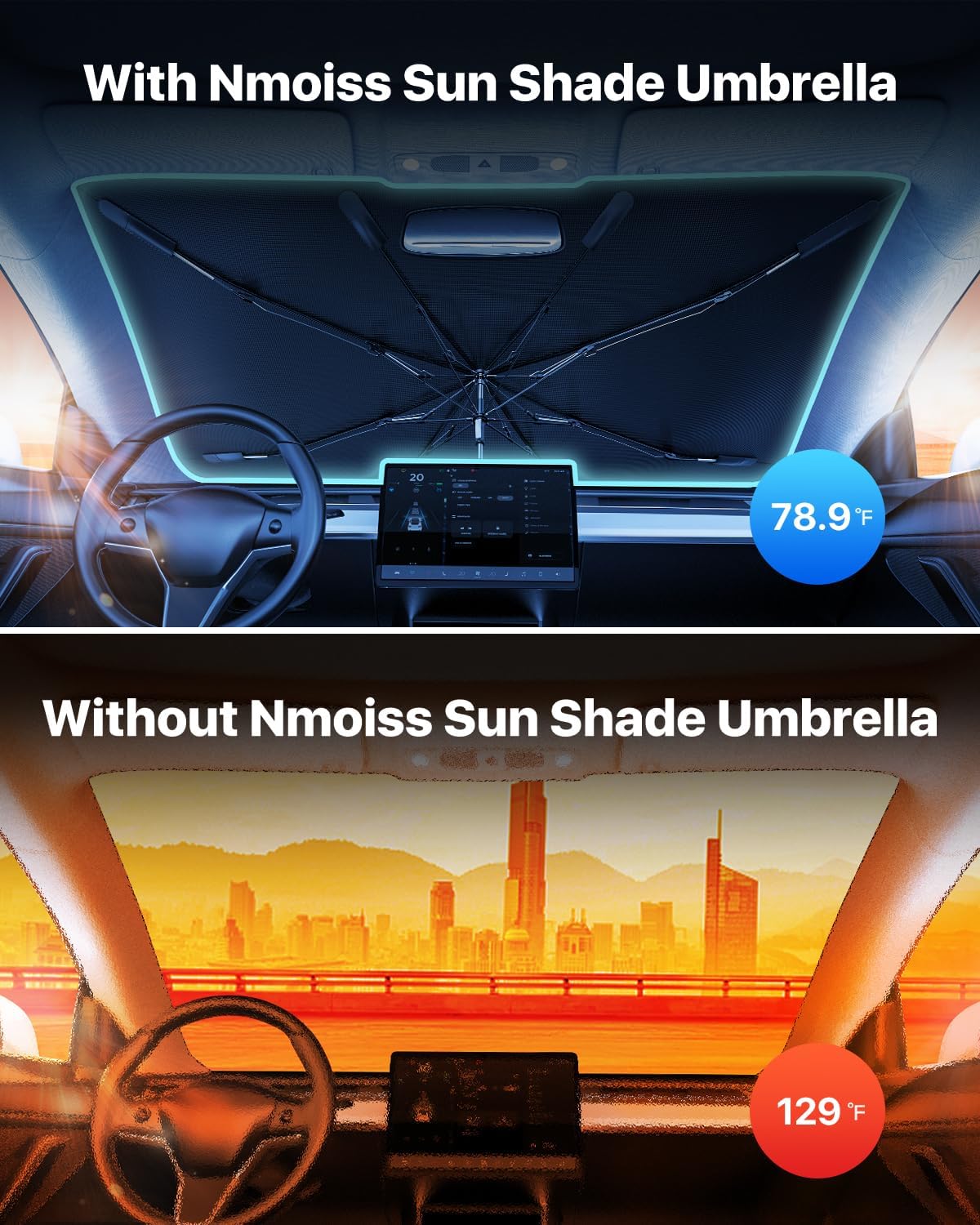 Windshield Sun Shade Umbrella - [Vinyl Coating Heat Shield] Protect Car from Sun Rays & Heat Damage Keep Cool and Protect Interior