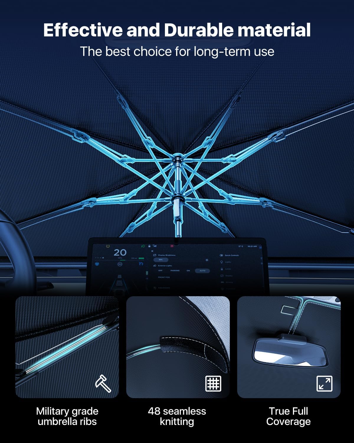 Windshield Sun Shade Umbrella - [Vinyl Coating Heat Shield] Protect Car from Sun Rays & Heat Damage Keep Cool and Protect Interior