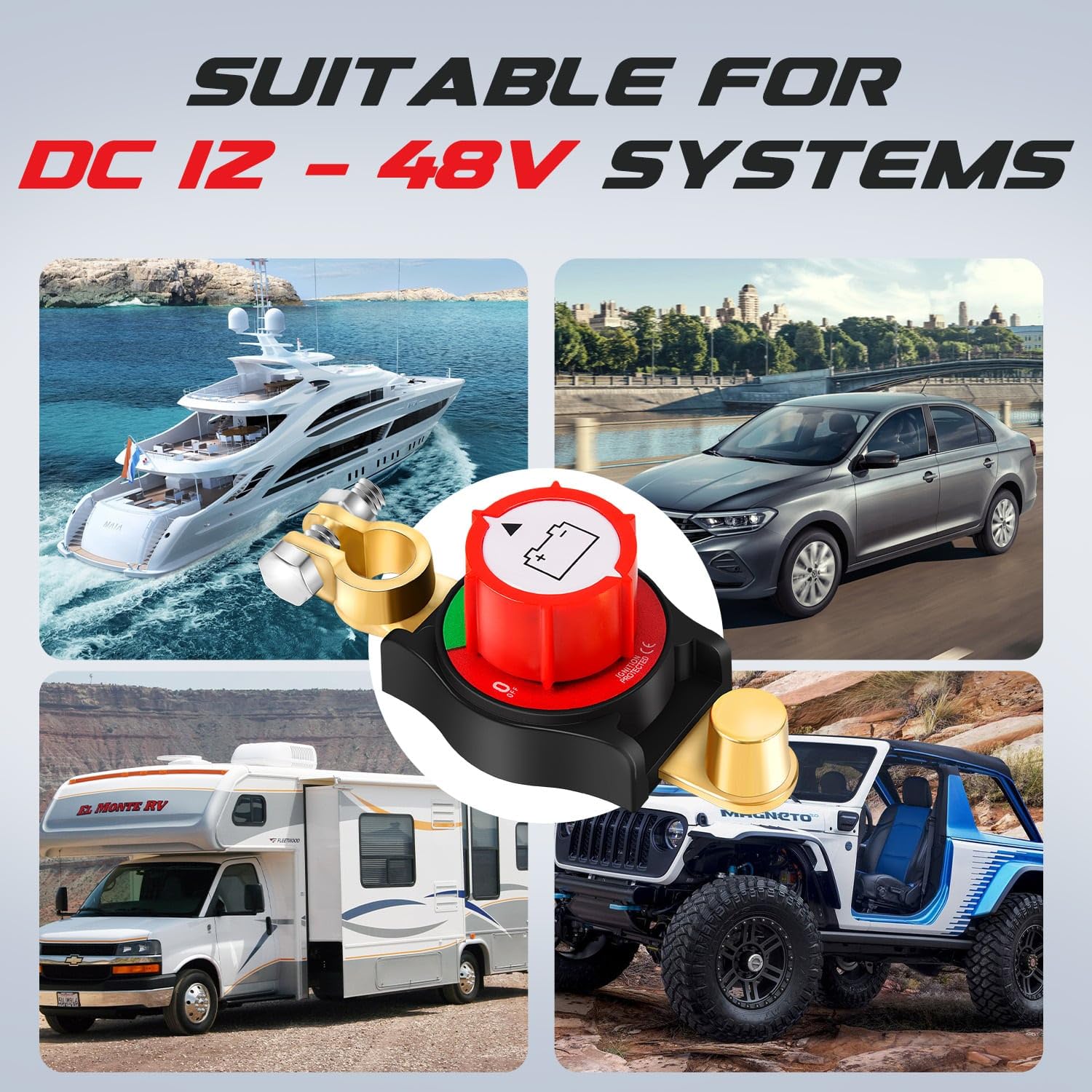 Top Post Battery Disconnect Switch, Car Battery Disconnect Switch 12V-48V, Battery Kill Switch Negative On/Off for Cars, Vehicles, RVs and Boats