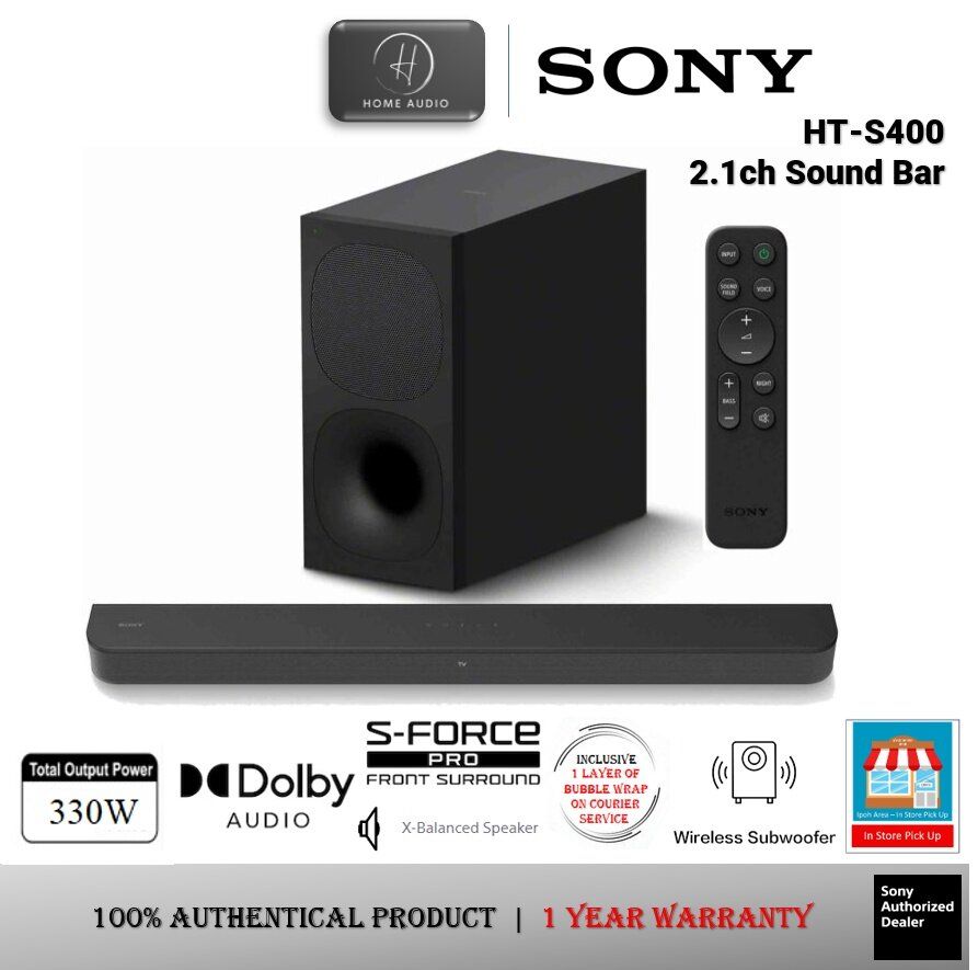 Sony HT-S400 330W 2.1ch Soundbar with powerful wireless subwoofer, X-Balanced Speaker Unit, Comfortable control, Easy wireless connection, Convenient OLED display window.