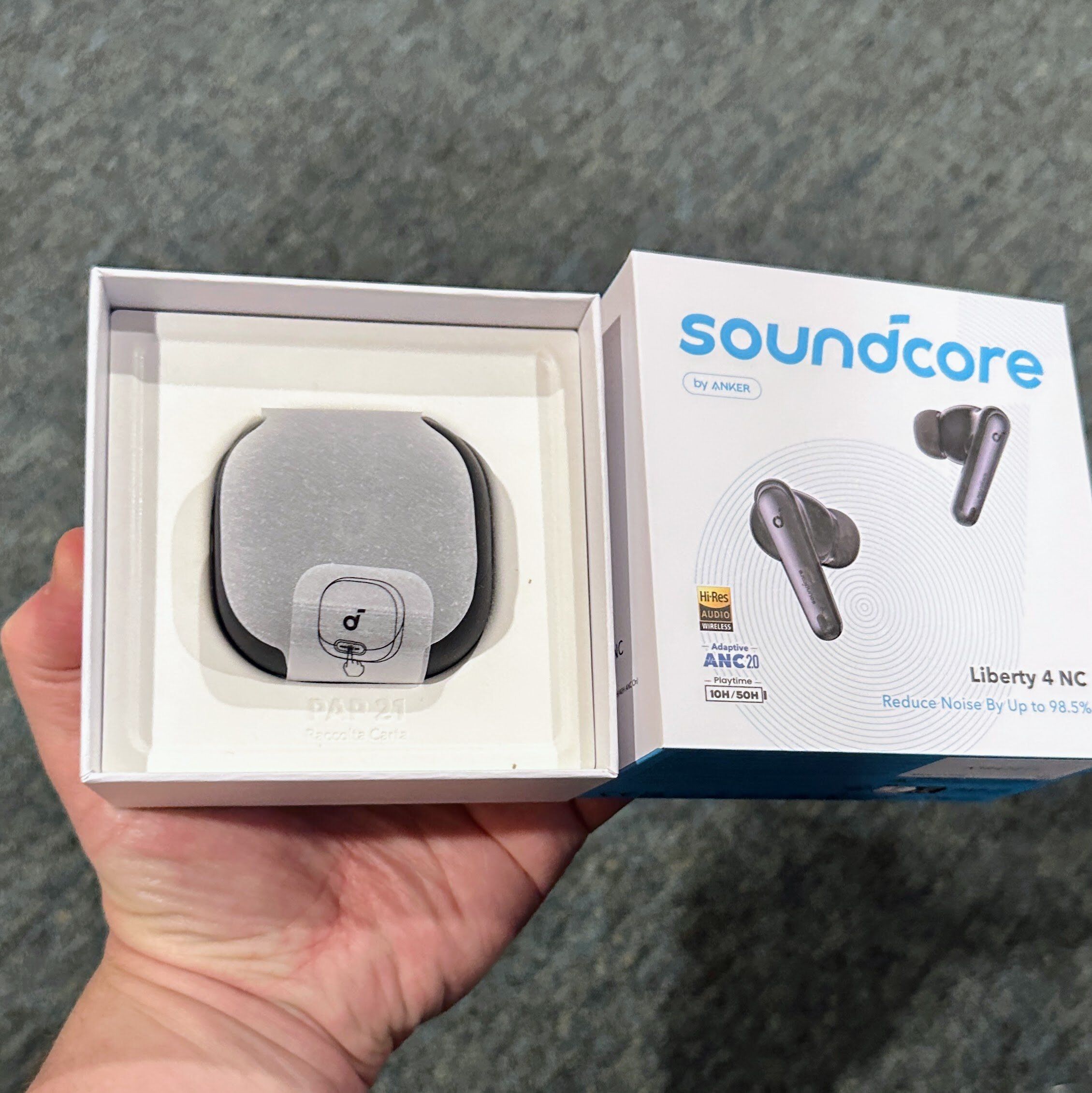 Anker Soundcore Liberty 4 NC True-Wireless Noise Cancelling Earbuds with IPX4 water-resistance against spills and rain & 10 hours playtime.