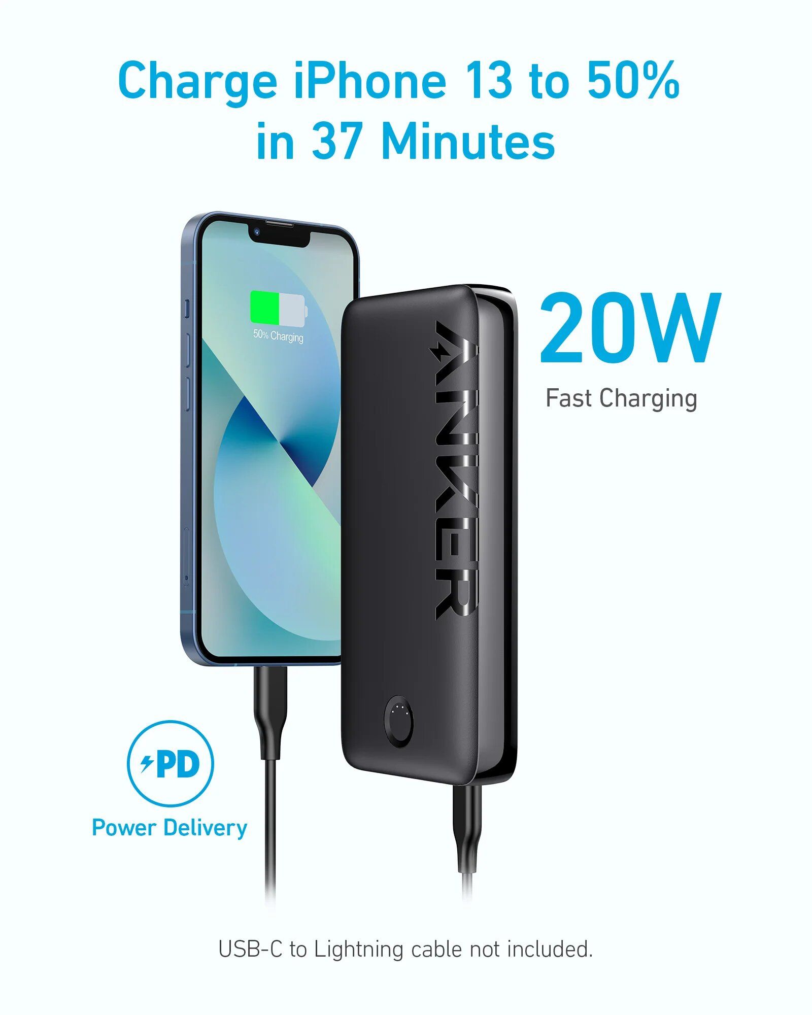 Anker 335 Power Bank, 20,000mAh Portable Charger with 20W Max Output, Wide Capability, Trickle Charging Mode & USB-C Fast Charging - Black.