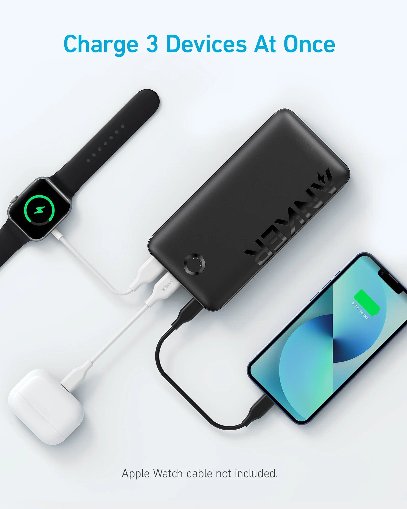 Anker 335 Power Bank, 20,000mAh Portable Charger with 20W Max Output, Wide Capability, Trickle Charging Mode & USB-C Fast Charging - Black.