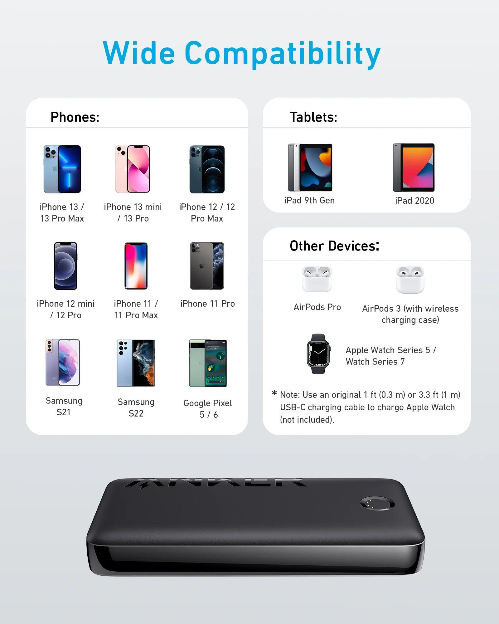 Anker 335 Power Bank, 20,000mAh Portable Charger with 20W Max Output, Wide Capability, Trickle Charging Mode & USB-C Fast Charging - Black.