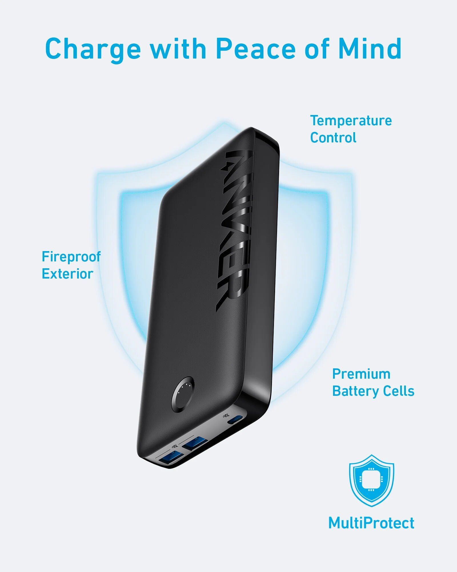 Anker 335 Power Bank, 20,000mAh Portable Charger with 20W Max Output, Wide Capability, Trickle Charging Mode & USB-C Fast Charging - Black.