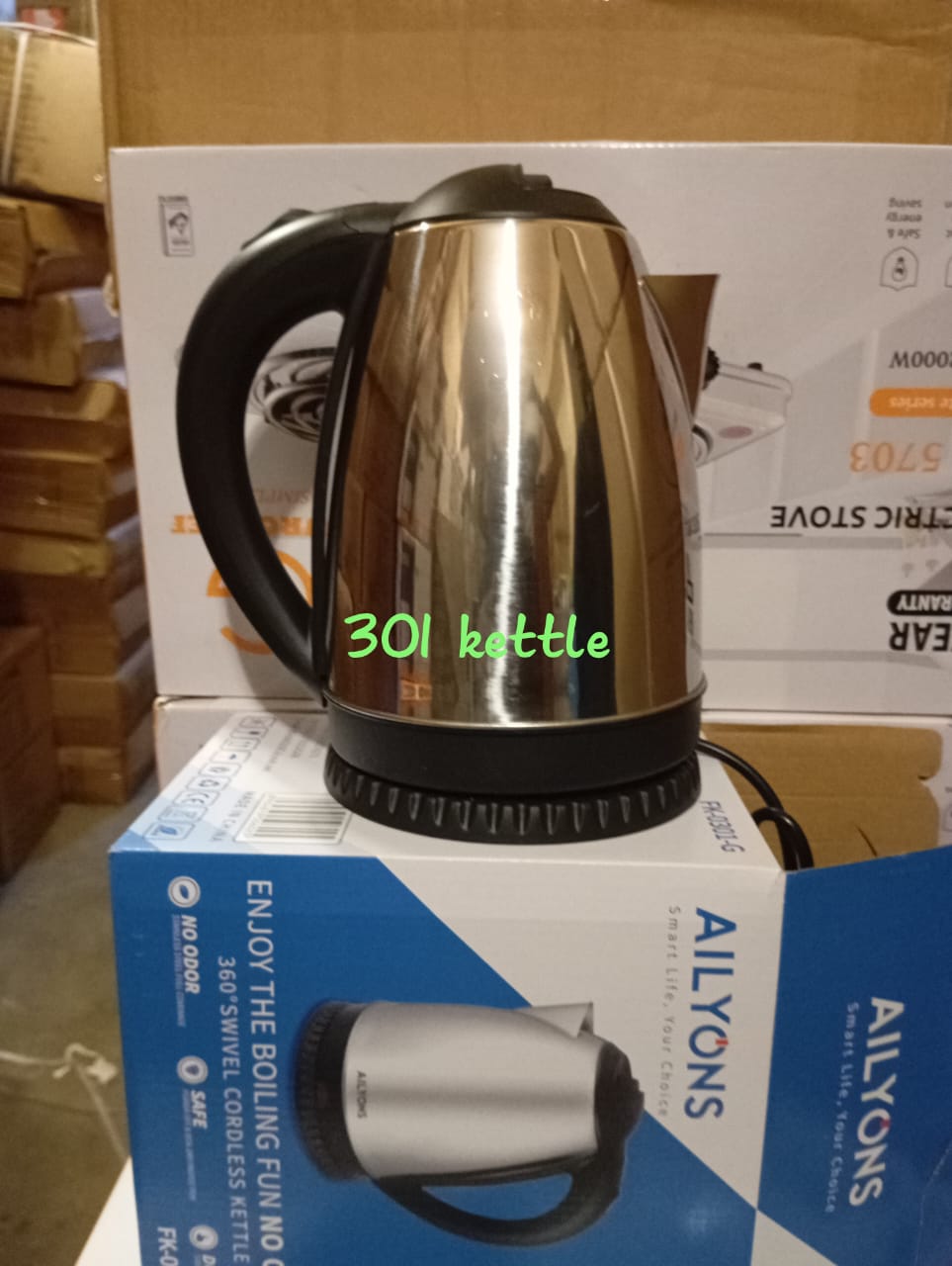 1.8 L AILYONS (FK-0301) STAINLESS STEEL ELECTRIC KETTLE - Safe Safety lock lid & Boil-dry protection, Durable Cold and heat resistant Stainless steel, Convenient easy-clean flat heating element .