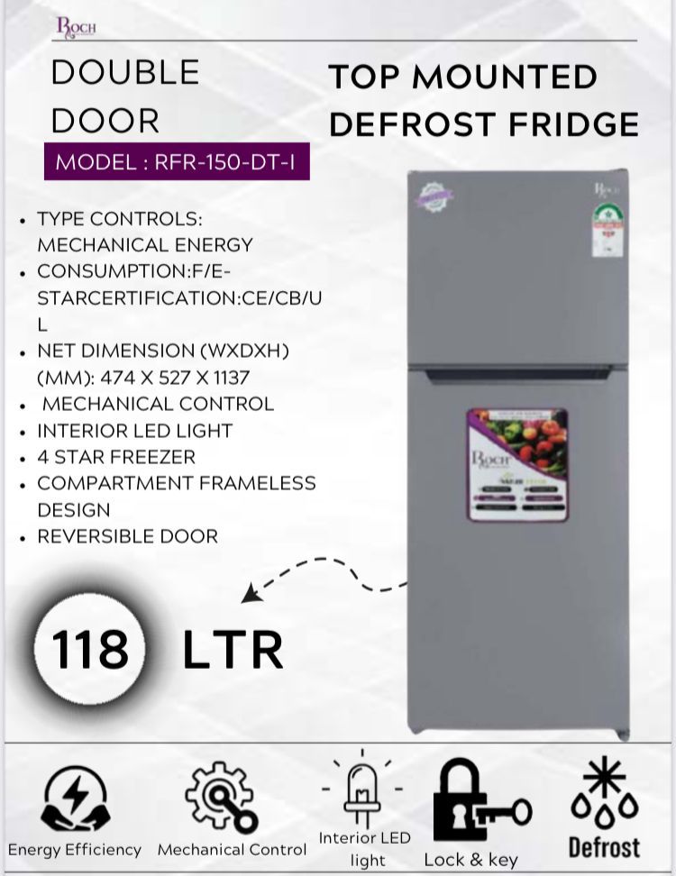 ROCH 118 L DOUBLE DOOR  DEFROST REFRIGERATOR - Safety glass shelf, Interior light, Vegetable and fruits crisper, Separate freezer compartment for long-term storage, Low noise, low energy consumption .