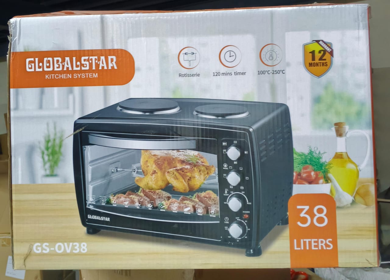 38 L GLOBALSTAR MICROWAVE OVEN WITH ROTISSERIE & DOUBLE PLATE  - GS-ov38, 3200 Watts, Rotisserie, Bake, Grill, 2 hot plates, Times