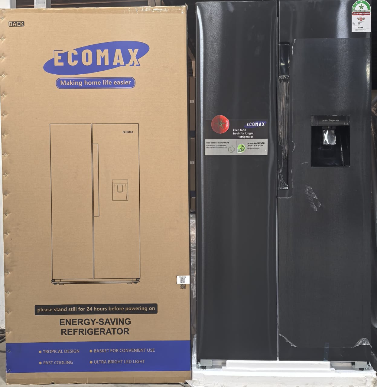 Ecomax 454L Side by Side Refrigerator With Dispenser - 2 in 1 Energy saving fridge, Comes with Dispenser no need to open the fridge door, Removable tempered glass shelves, Inner digital touch control.