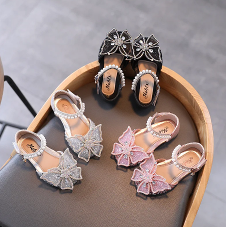 1Pair Summer Girls Sandals Fashion Sequins Rhinestone Bow Girls Princess Shoes Baby Girl Shoes Flat Heel Sandals