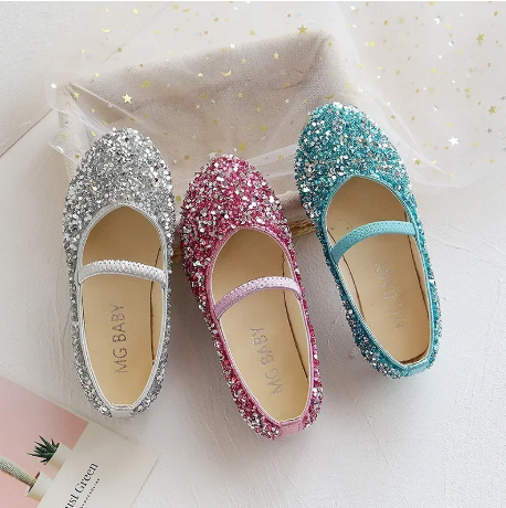 1Pair Girls Dress Shoes Beauty Pointed Toe Teen Girl Leather Shoes Bling Princess Wedding Shoes