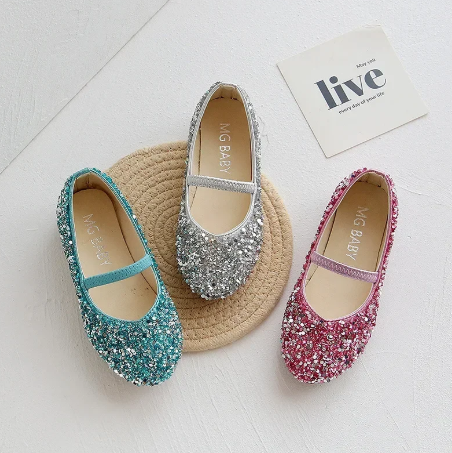 1Pair Girls Dress Shoes Beauty Pointed Toe Teen Girl Leather Shoes Bling Princess Wedding Shoes