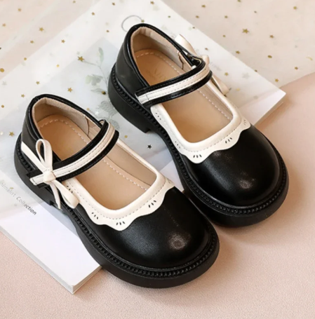 1Pair Fashion Girl School Shoes Patchwork Kid Princess Shoes for Children Shallow Toddler Ruffled Edge Leather Shoes