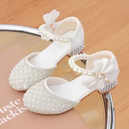 1Pair Rhinestones Princess Girls Party Shoes Children Shiny Crystal Bow High Heels Girls Sandals