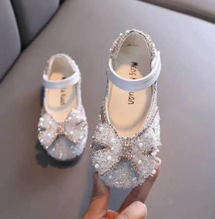 1Pair Children's Leather Shoes Shallow Princess Shoes for Girls Fashion Pearl Elegant Kid Mary Jane Shoes for Party Wedding Flat Shoes
