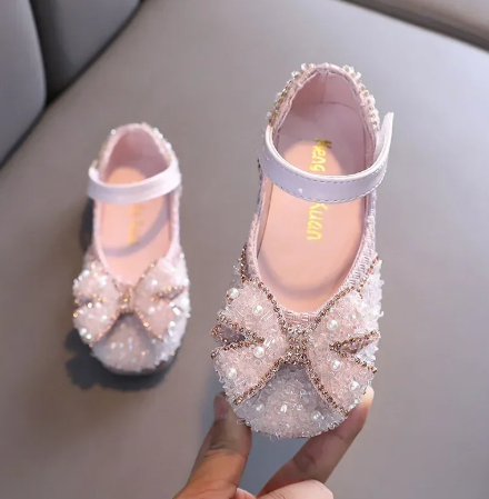 1Pair Children's Leather Shoes Shallow Princess Shoes for Girls Fashion Pearl Elegant Kid Mary Jane Shoes for Party Wedding Flat Shoes