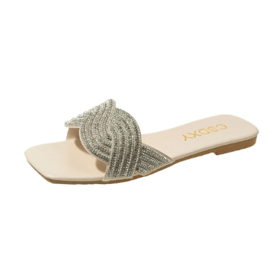 1Pair Summer Flat Heel Rhinestone Ladies Shoes Women Fashion Rhinestones Sandals High quality Outdoor Beach Slides Slippers