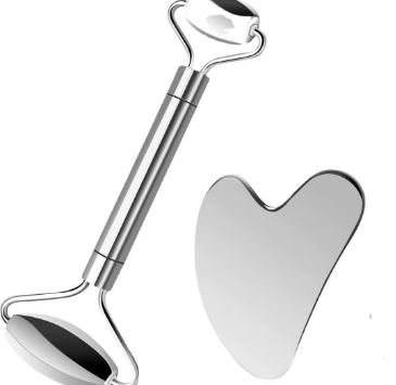 2PCS Double Ended Stainless Steel Manual Roller Beauty Massager Heart-Shaped Piece Set For Facial And Head Relaxation Massage Stick