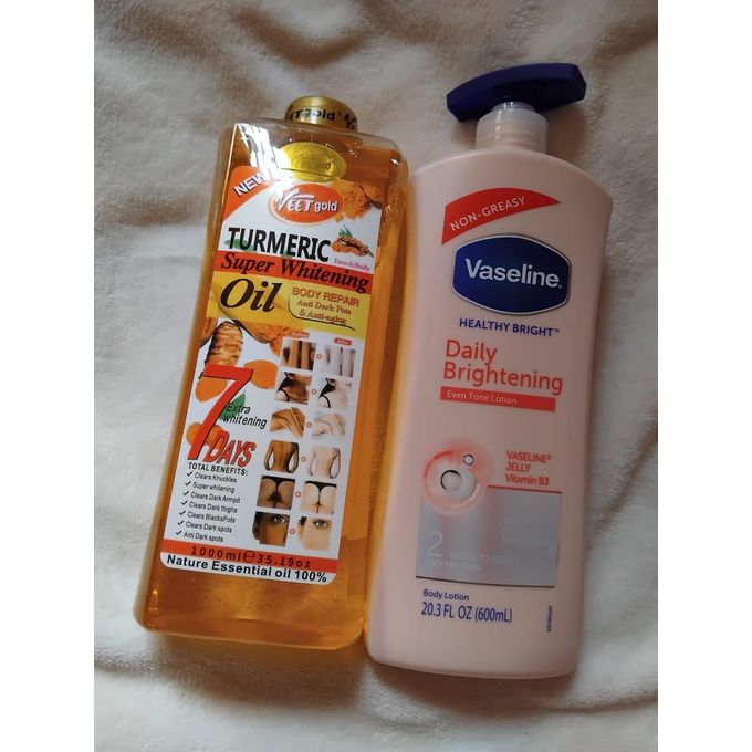 VEET GOLD Tumeric Super Whitening Body Oil-200ml +Vaseline Daily Brightening Even tone Lotion 600ml