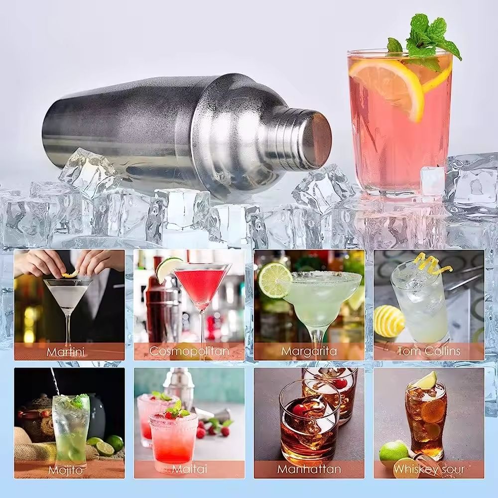 10Pcs 550ml Cocktail Shaker Bartender Set With Wooden Stand-Shaker Full Stainless Steel Cocktail Set w/Bar Tools - Drink Mixer Bar Set - Bar Accessories Silver.