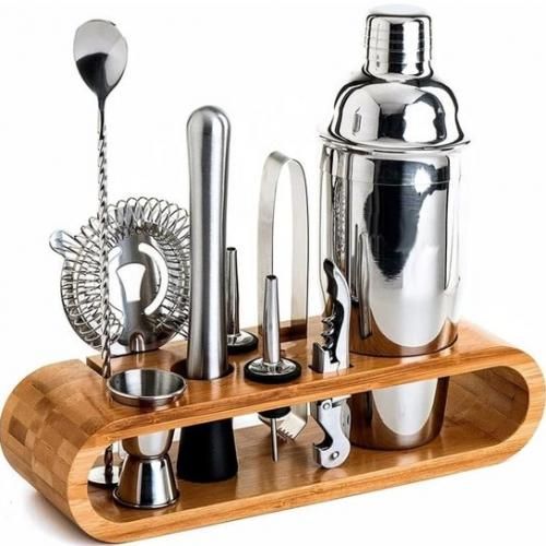 10Pcs 550ml Cocktail Shaker Bartender Set With Wooden Stand-Shaker Full Stainless Steel Cocktail Set w/Bar Tools - Drink Mixer Bar Set - Bar Accessories Silver.