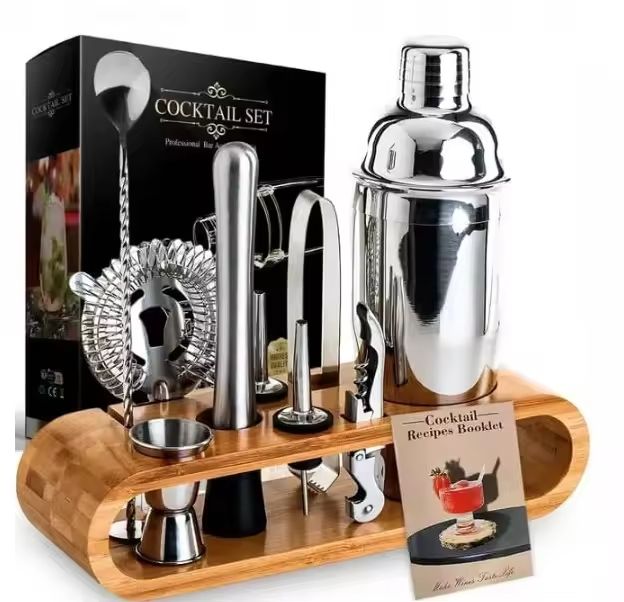 10Pcs 550ml Cocktail Shaker Bartender Set With Wooden Stand-Shaker Full Stainless Steel Cocktail Set w/Bar Tools - Drink Mixer Bar Set - Bar Accessories Silver.