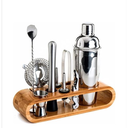 10Pcs 550ml Cocktail Shaker Bartender Set With Wooden Stand-Shaker Full Stainless Steel Cocktail Set w/Bar Tools - Drink Mixer Bar Set - Bar Accessories Silver.