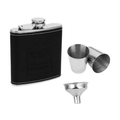 Stainless Leather Whisky/Whiskey Bottle Hip + 2 Tot Cups