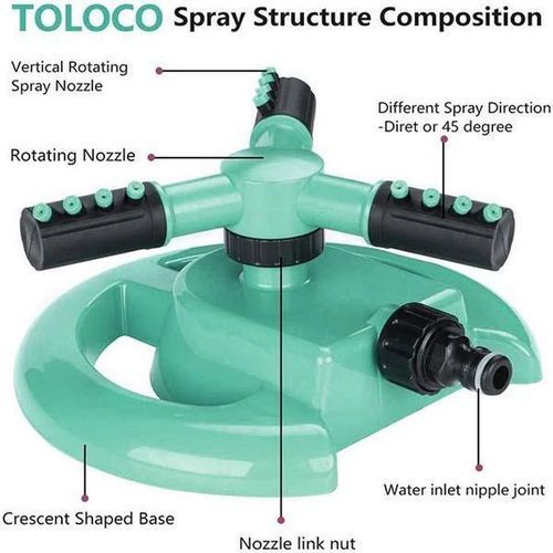3 Arm 360⁰ Auto-Rotating Water Garden Sprinkler - Heavy duty water sprinkler for lawns lets you water your plants upto 50Ft range coverage distance.