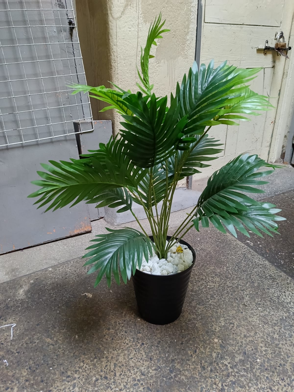 Artificial Palm flower, decor stones with Spiral Black Bucket Vase