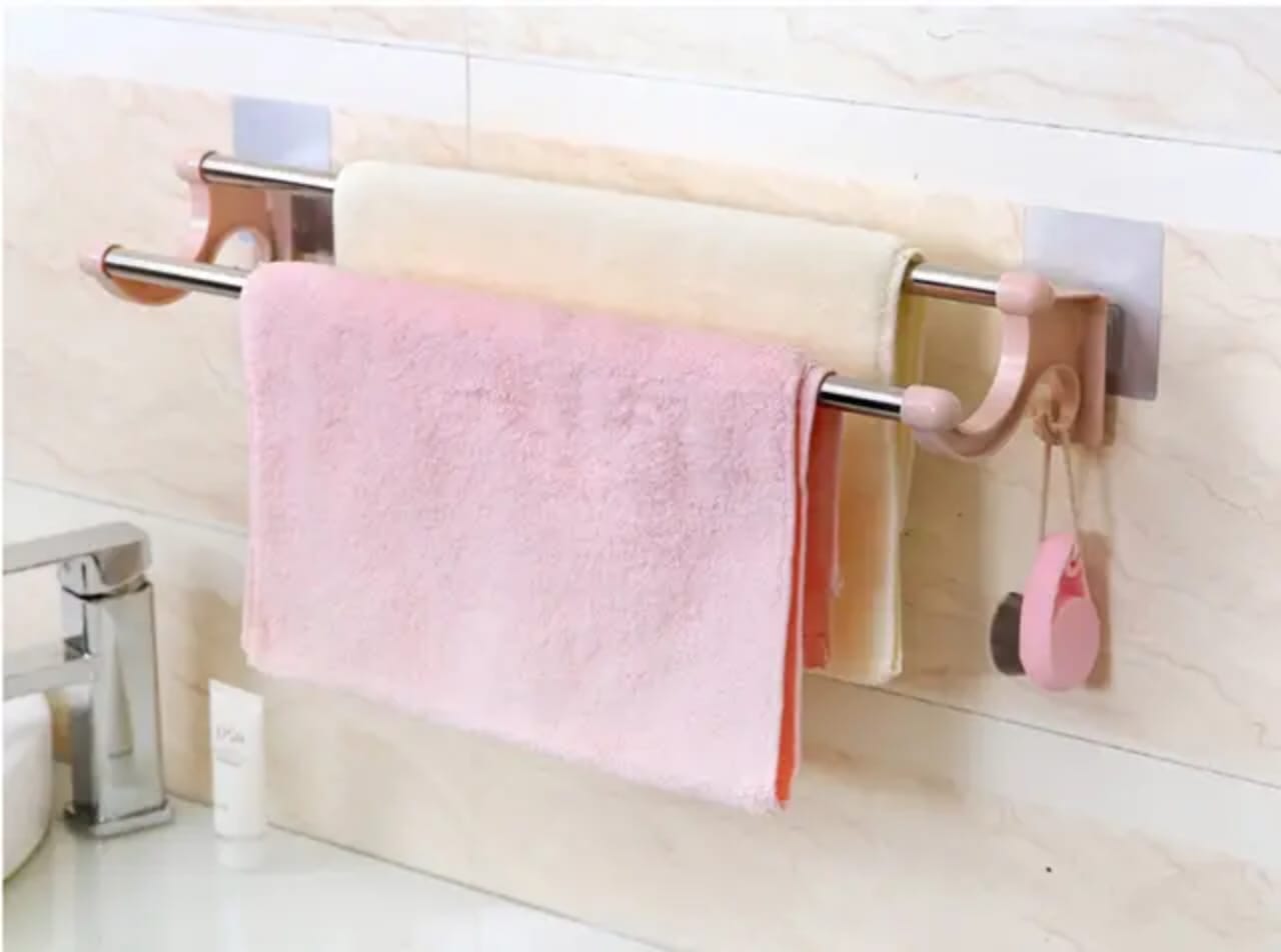 Self adhesive Double Pole Towel Holder, Towel Rack do both kitchen and  Bathroom Accessories