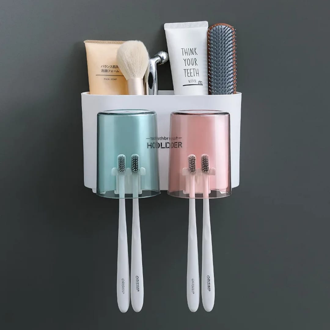 Wall Mounted Multifunctional toothbrush 2 cups holder and toothpaste dispenser
