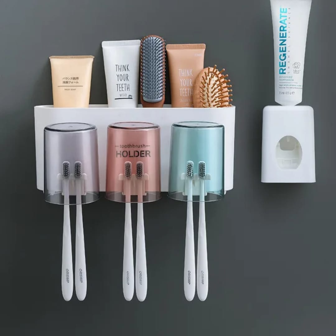 Wall Mounted Multifunctional toothbrush 2 cups holder and toothpaste dispenser