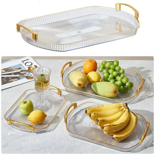 3Pcs Acrylic Serving Trays Set for Kitchen Rectangular Stylish Design Fancy Coated Golden Handle