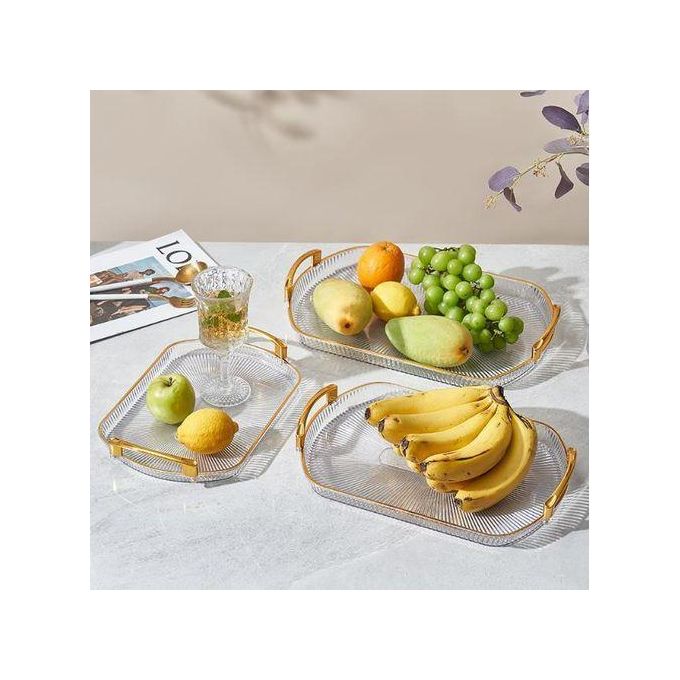 3Pcs Acrylic Serving Trays Set for Kitchen Rectangular Stylish Design Fancy Coated Golden Handle