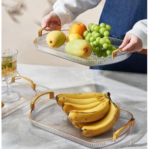 3Pcs Acrylic Serving Trays Set for Kitchen Rectangular Stylish Design Fancy Coated Golden Handle