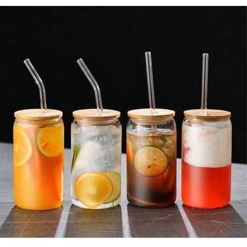 500ml Smoothie Bamboo lid glass jar with glass straw
