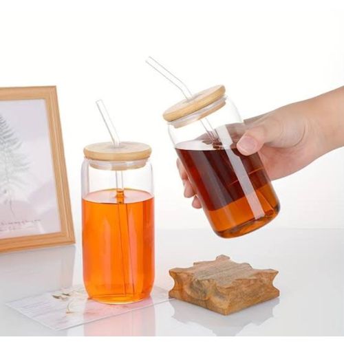 500ml Smoothie Bamboo lid glass jar with glass straw