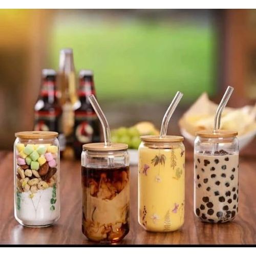 500ml Smoothie Bamboo lid glass jar with glass straw