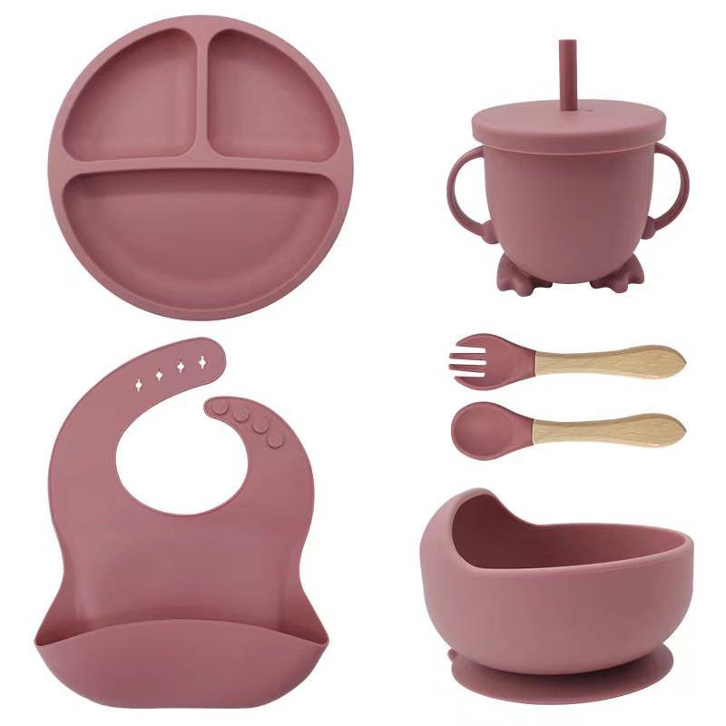 6Pcs Silicone Baby Feeding Set with Suction Bowl, Suction Plate, Bib, Cup, Spoon and Fork