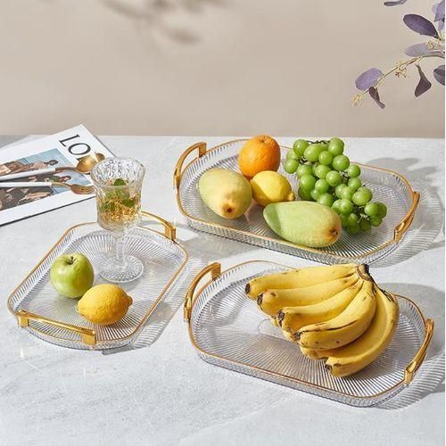 CLEAARNCVE OFFER Acrylic Serving Tray Set for Kitchen Rectangular Stylish Design Fancy Coated Golden Borders - Transparent White - Set of 3 Sizes