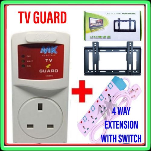 CLEARANCE OFFER Power King TV Accessories // 4 Way Extension + Tv Voltage Guard + 43Inch Tv Wall Mount