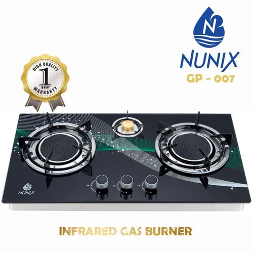 CLEARANCE OFFER Nunix 3 Burner Table Top Infrared Glass Gas Cooker+ 1.5m Pipe + 6kgs Regulator