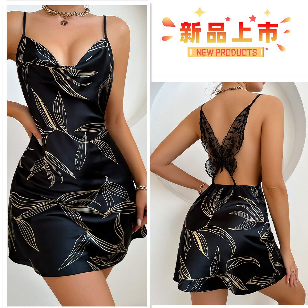 Backless home nightgown sleeveless summer short V-neck cross suspender skirt imitation silk dress Butterfly back Home wear nightgown one-piece dress