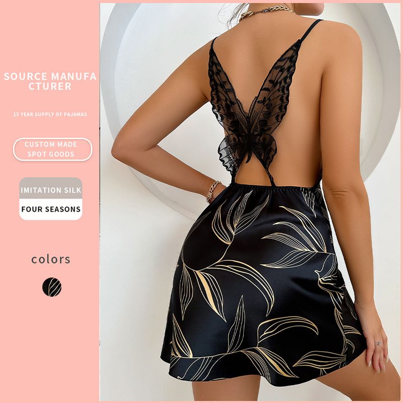 Backless home nightgown sleeveless summer short V-neck cross suspender skirt imitation silk dress Butterfly back Home wear nightgown one-piece dress