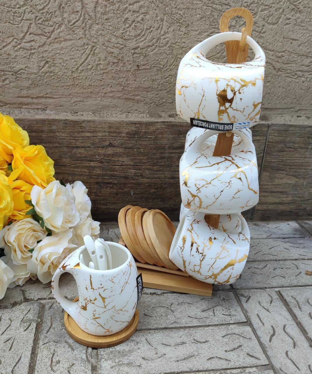 [ SHOP SMART AND SAVE BIG AT AN AMAZING OFFER PRICE 🤩🤩✨ !!!  Brand Classy High Quality Durable Kitchen  cup saucer set White marble cup with bamboo stand and coasters .✔👌