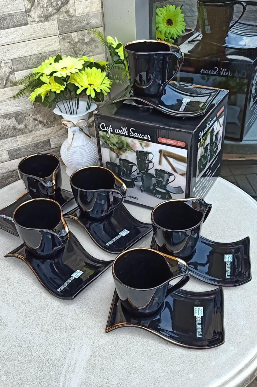 [ SHOP SMART AND SAVE BIG AT AN AMAZING OFFER PRICE 🤩🤩✨ !!!  12Pcs Brand Classy High Quality Durable Kitchen  Shapely Cup saucer set  ✔️450cc capacity Black  with gold rim  .✔👌