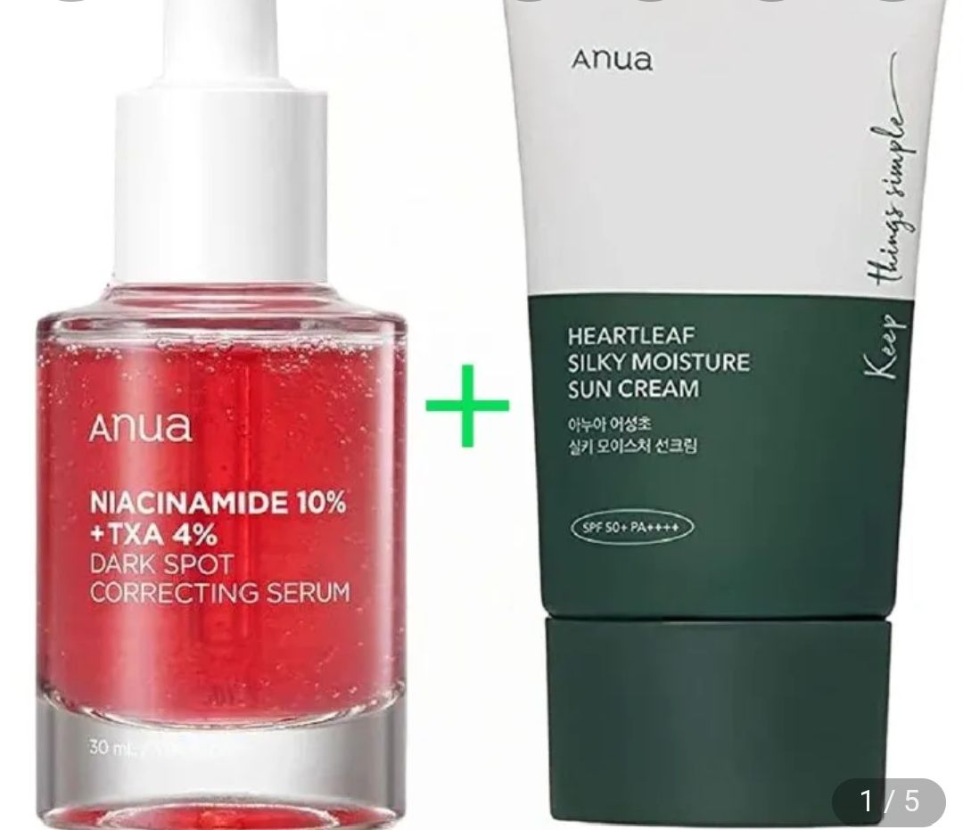Anua Niacinamide 10% + TXA 4% Dark Spot Correcting Serum + Anua Heartleaf Silky Moisture Sunscreen.
