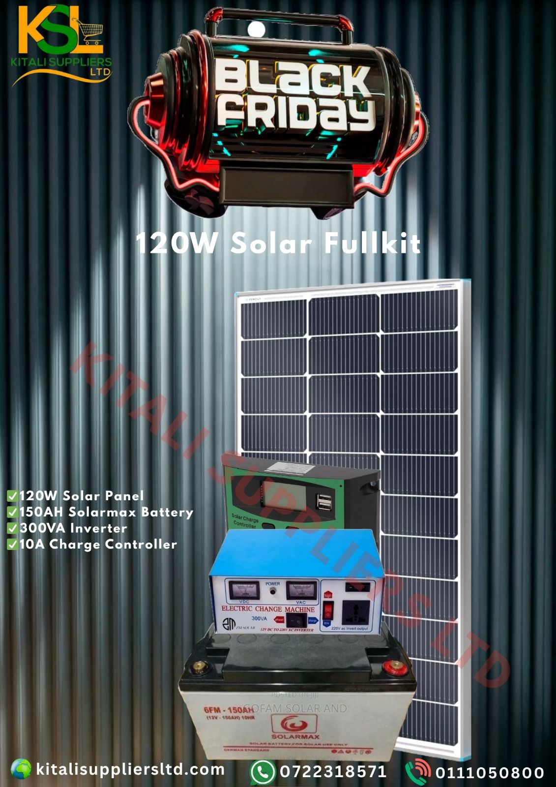 120W Solar Panel Fullkit With 120W Panel,150ah Battery, 300Va Inverter,10a Controller