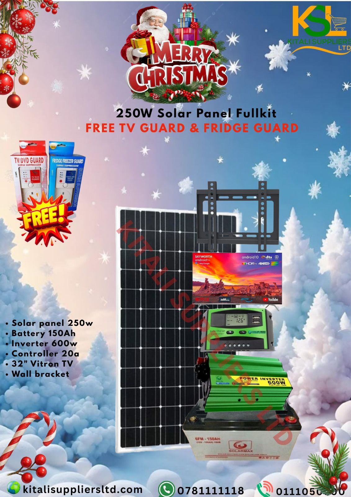 250W Solar Full Kit With 250W Solar Panel, 150Ah Battery, 600W Inverter, 20A Controller, 32" TV, Wall Bracket + Free TV & Fridge Guard